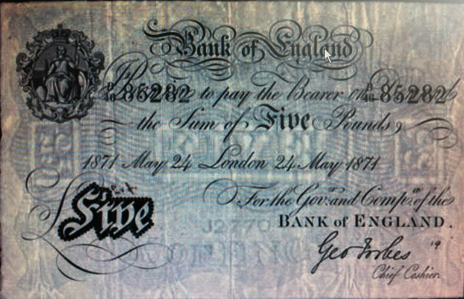 A Bank of England five pound note from 1871