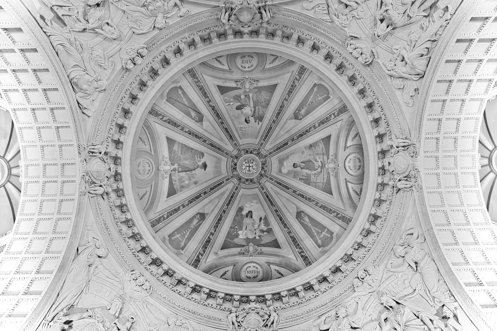 The ornamented ceiling of the Central Criminal Court at the Old Bailey